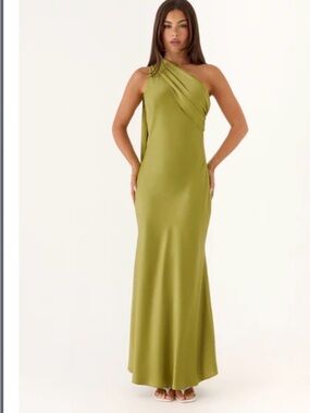 One-Shoulder Olive Green Evening Gown